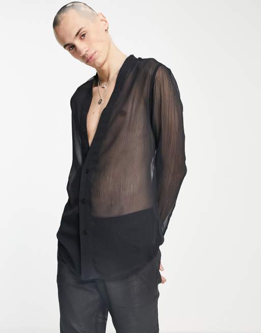 ASOS DESIGN plunge v neck shirt with split hem in black satin