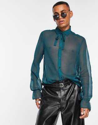 ASOS DESIGN regular sheer shirt with flute sleeve in green