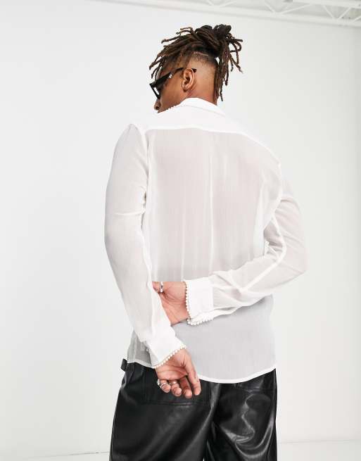 ASOS DESIGN regular sheer shirt with pleat placket and pearl details in  white