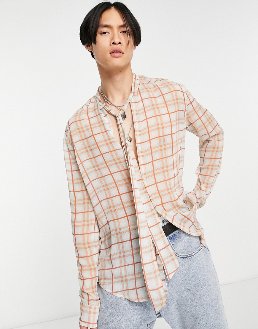 ASOS DESIGN regular sheer shirt with pussybow tie neck in check-Multi