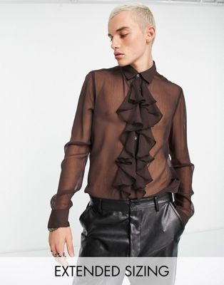 ASOS DESIGN regular sheer shirt with ruffle front detail in brown