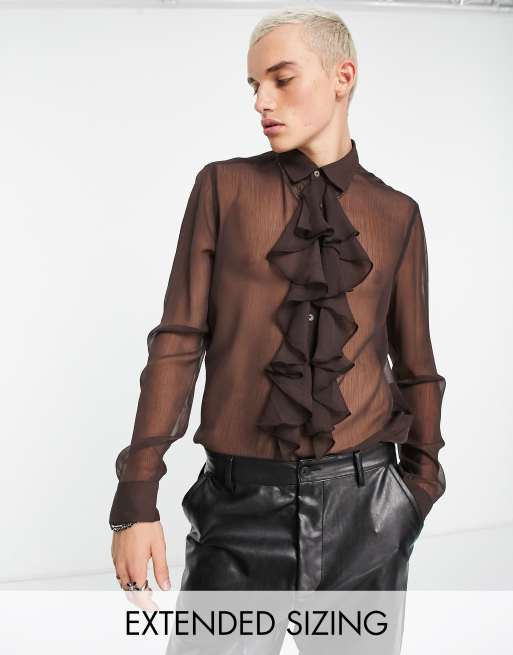 Kategori lancering Pensioneret ASOS DESIGN regular sheer shirt with ruffle front detail in brown | ASOS