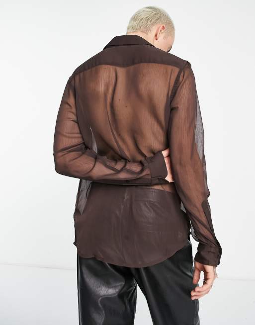 ASOS DESIGN regular sheer shirt with ruffle front detail in brown | ASOS