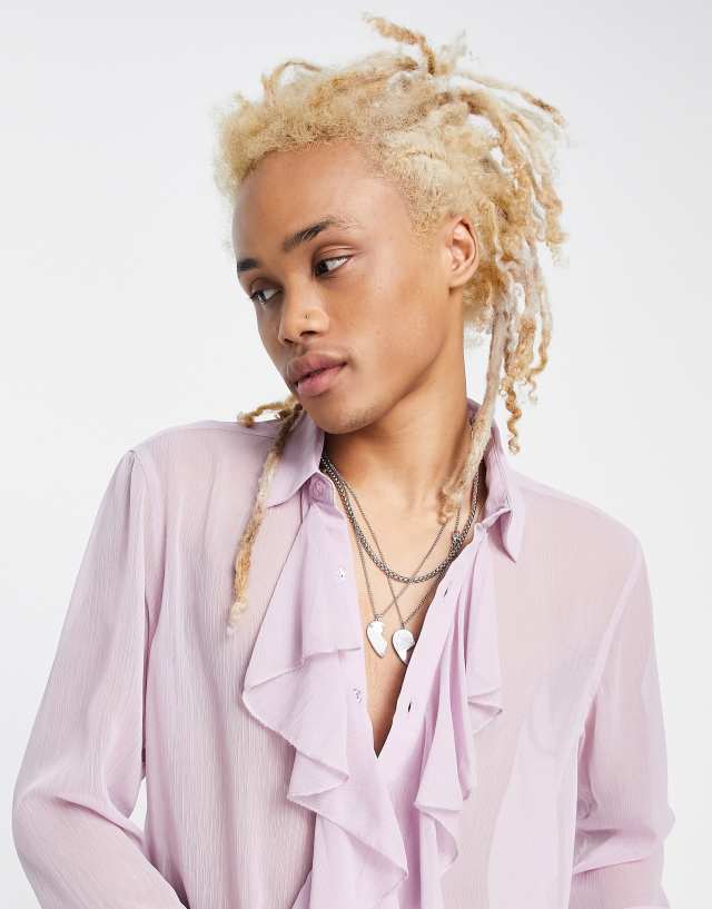 ASOS DESIGN regular sheer shirt with ruffle front detail in lilac