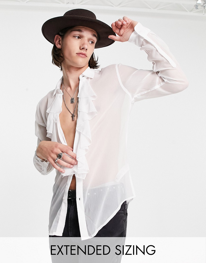 ASOS DESIGN regular sheer shirt with ruffle front detail in white