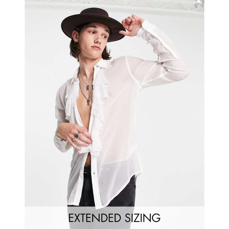 ASOS DESIGN regular sheer shirt with ruffle front detail in white | ASOS