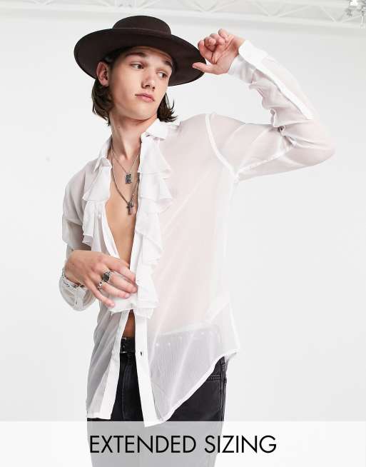 Mens sheer white dress hot sale shirt