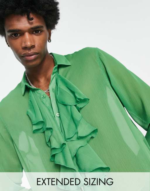 CerbeShops DESIGN regular sheer shirt with ruffle front in green