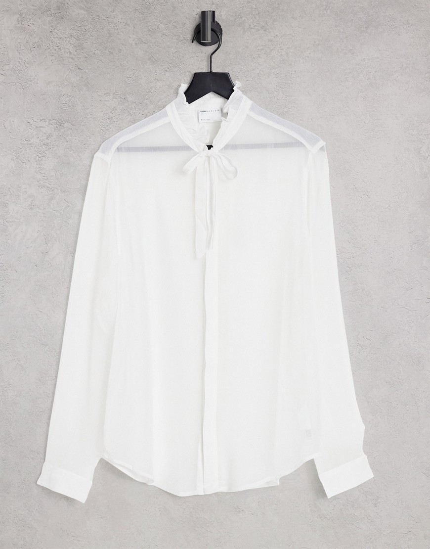 ASOS DESIGN regular sheer shirt with ruffle neck and tie-White