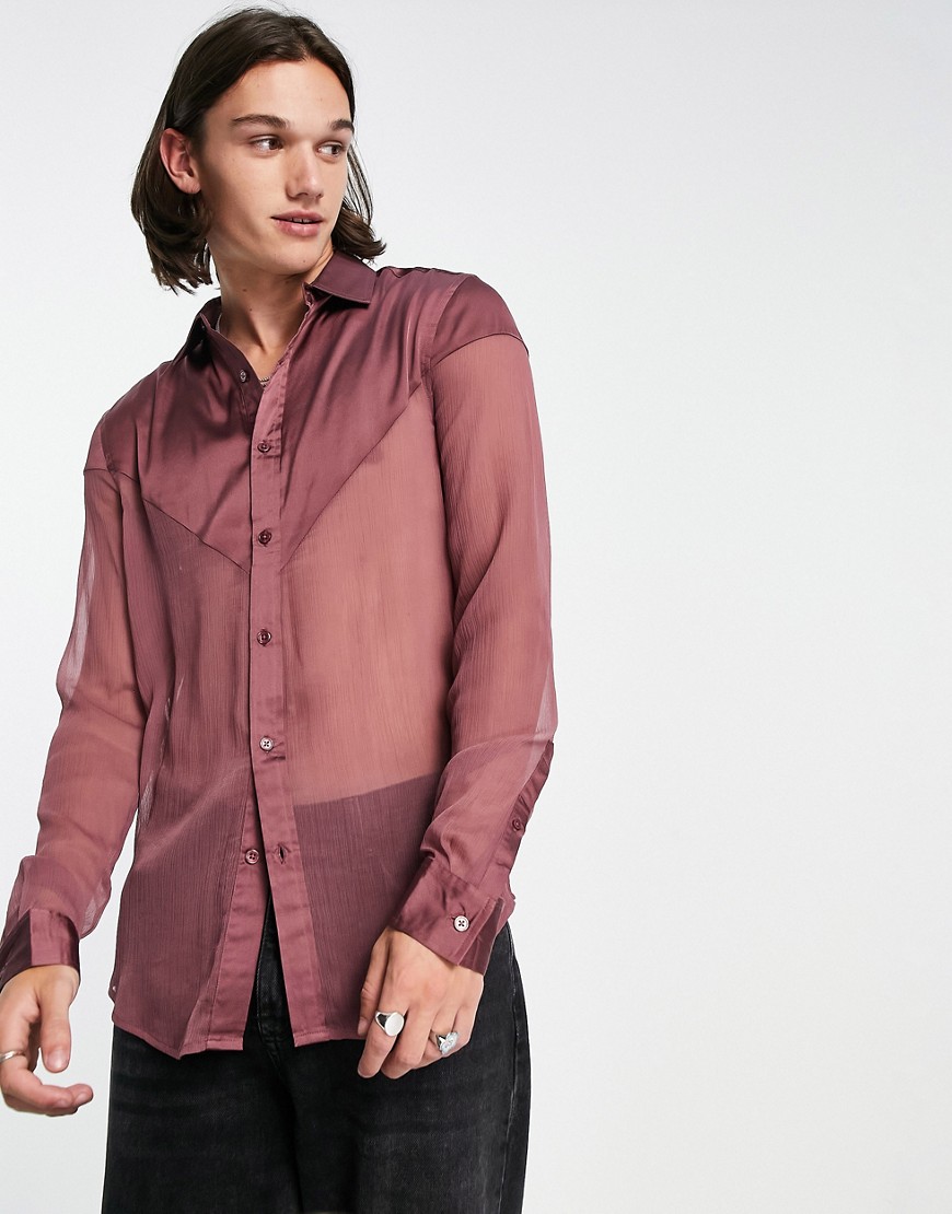 Asos Design Regular Sheer Shirt With Western Satin Yoke In Mink-purple