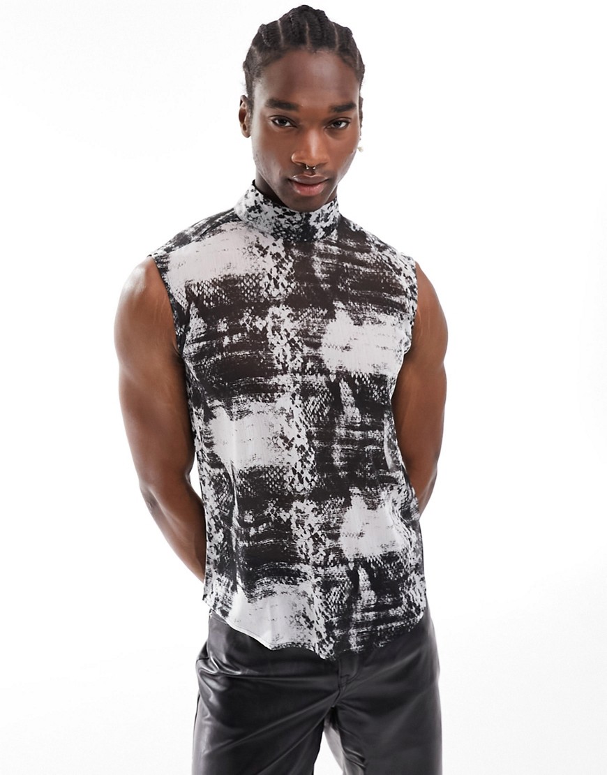 Asos Design Regular Sheer Sleeveless Shirt In Snake Print Gray