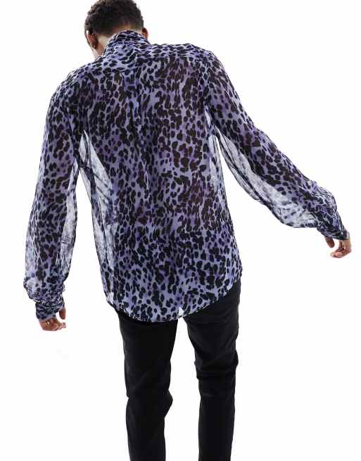 ASOS DESIGN regular sheer tie neck shirt in leopard print in purple