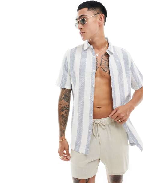 ASOS DESIGN regular shirt in blue waffle weave stripe - view 1