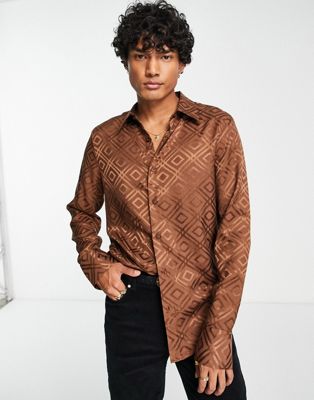 ASOS DESIGN regular shirt in brown satin jacquard - ASOS Price Checker