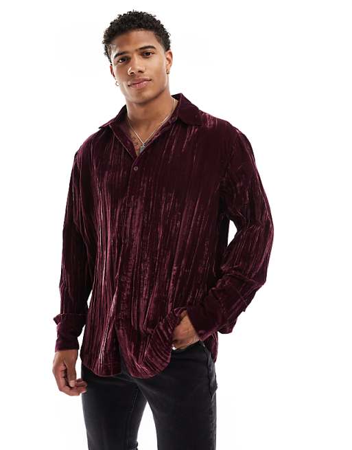 velvet dress shirt Burgundy Cracked MONDO Menswear buttoned cuffs ASOS DESIGN regular shirt in