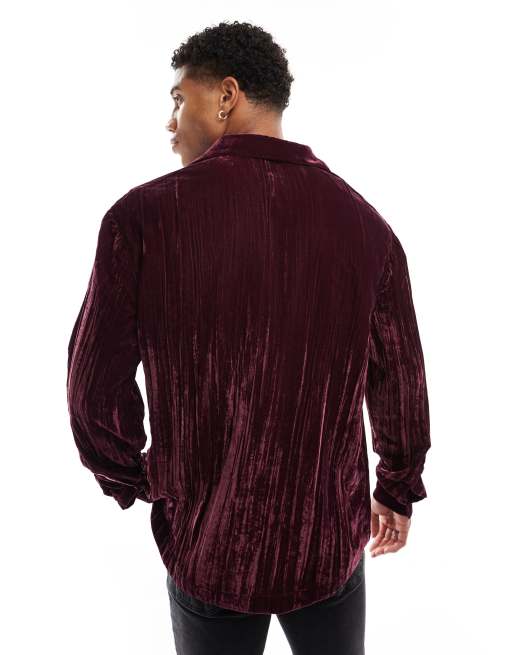 ASOS DESIGN regular shirt in crinkle velvet in burgundy, 3 of 4