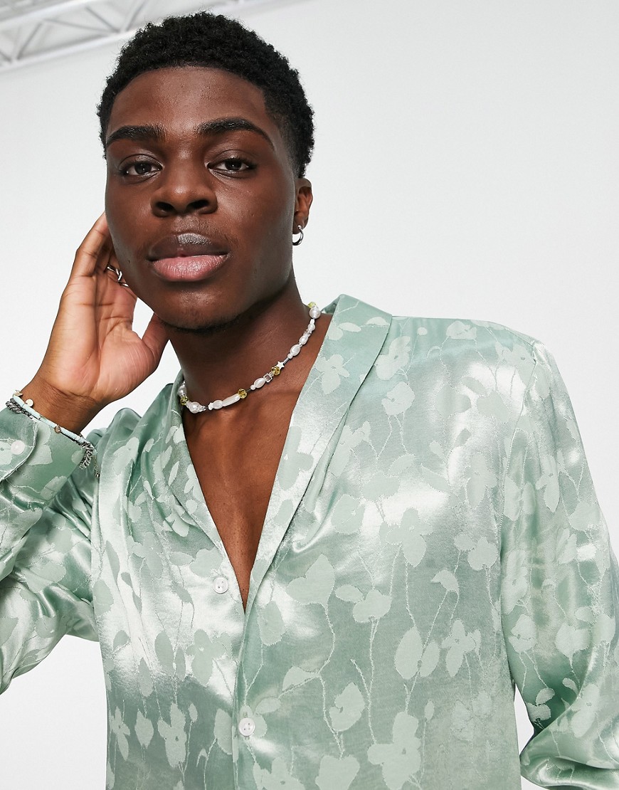 ASOS DESIGN regular shirt in floral jacquard with shawl neck in green