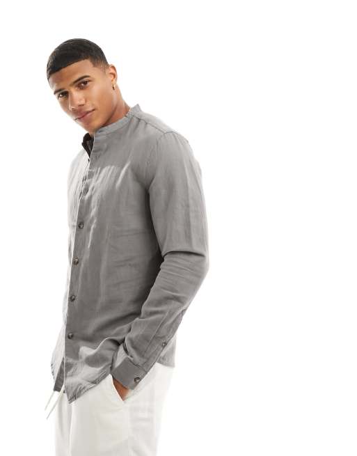ASOS DESIGN regular shirt in linen with band collar in charcoal gray