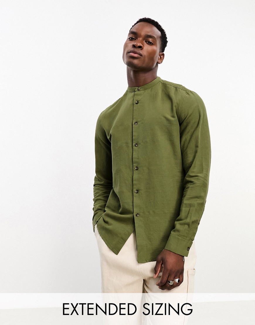 Asos Design Regular Shirt In Linen With Band Collar In Khaki Green