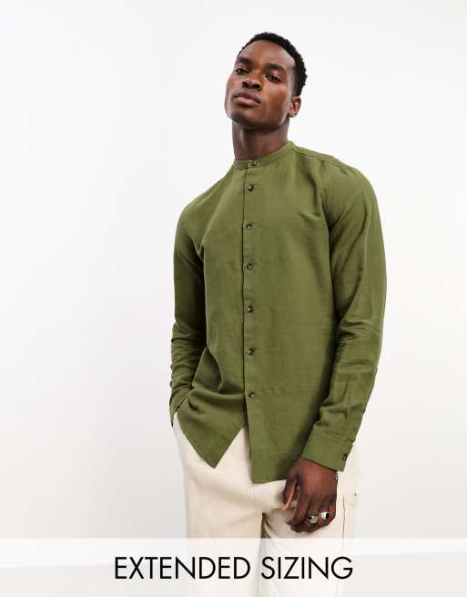 ASOS DESIGN regular shirt in linen with band collar in khaki green