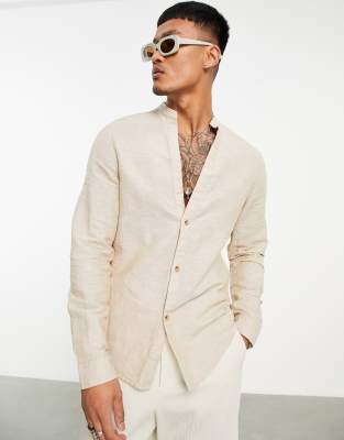suit with grandad collar shirt