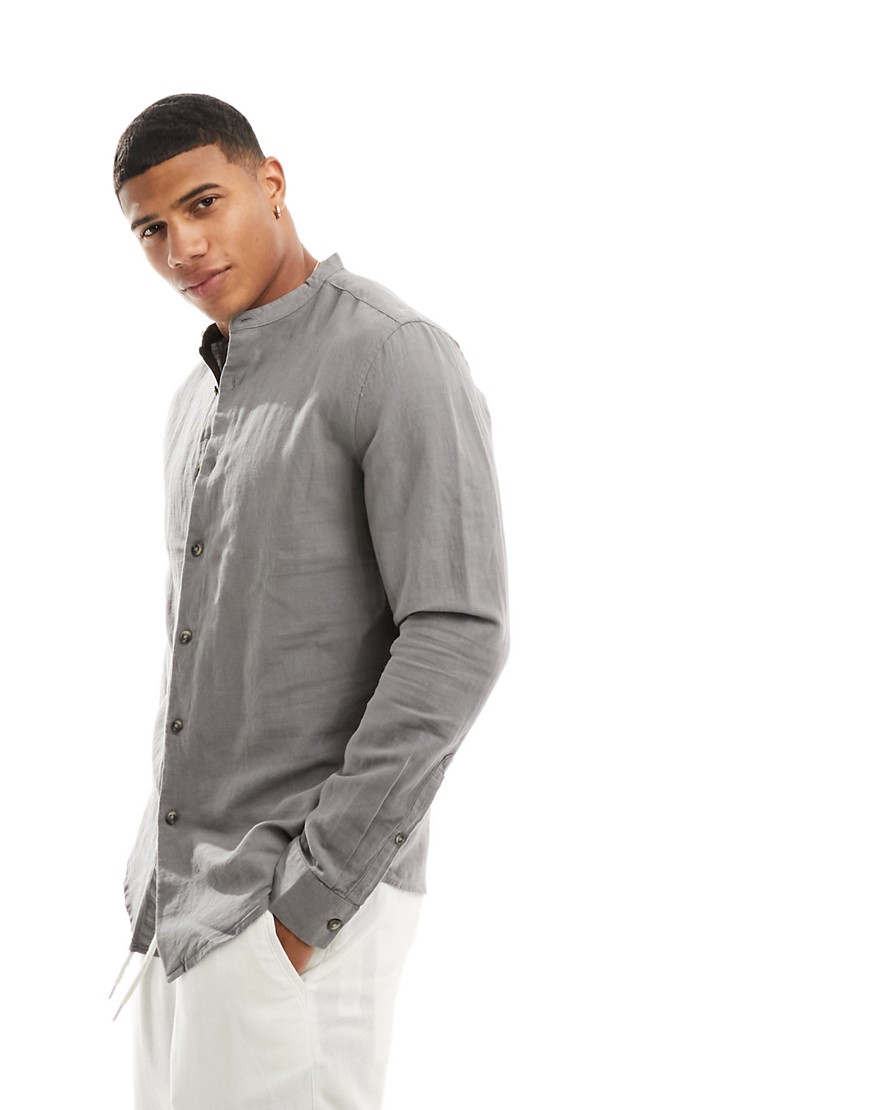 ASOS DESIGN regular shirt in linen with grandad collar in charcoal grey