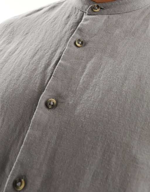 ASOS DESIGN regular shirt in linen with grandad collar in charcoal