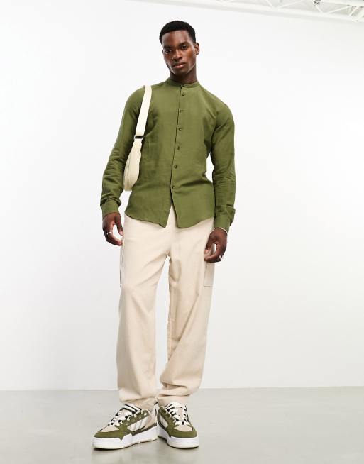 ASOS DESIGN regular shirt in linen with grandad collar in khaki green