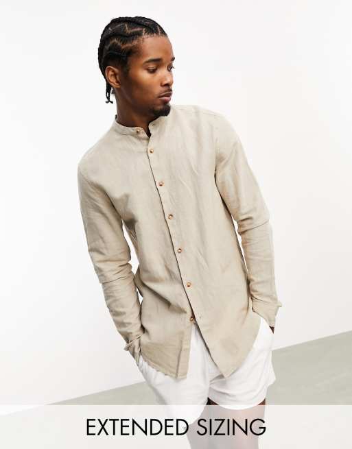 ASOS DESIGN regular shirt in linen with grandad collar in stone ASOS