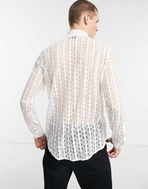 ASOS DESIGN regular shirt in natural lace with tie neck, 2 of 4