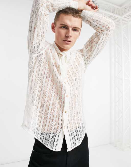 ASOS DESIGN regular shirt in natural lace with tie neck, 3 of 4