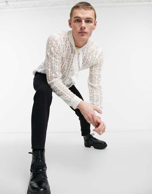 ASOS DESIGN regular shirt in natural lace with tie neck, 4 of 4