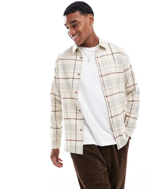 ASOS DESIGN regular shirt in neutral check with badge detail - view 1