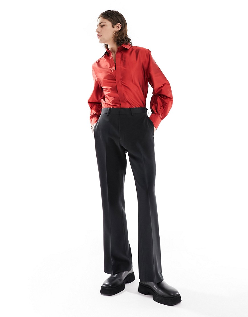 ASOS DESIGN regular shirt with blouson sleeve in taffeta in red