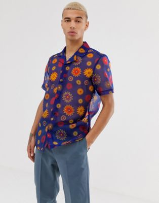 ASOS DESIGN regular shirt with bright daisy print-Blue