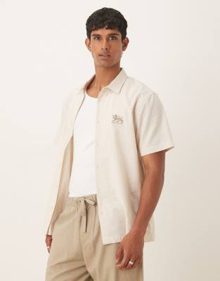 Asos Design Regular Shirt With Chest Embroidery In Neutral