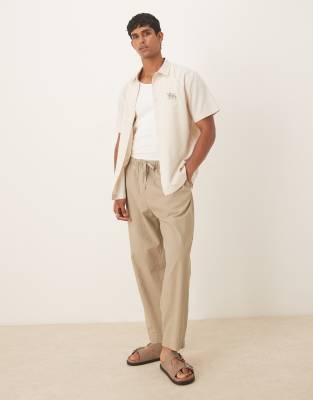 Asos Design Regular Shirt With Chest Embroidery In Neutral