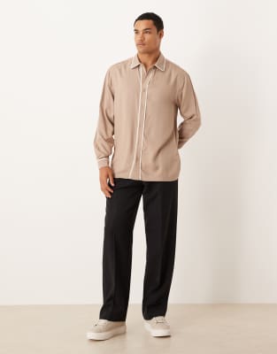 Asos Design Regular Shirt With Contrast Piping Detail In Brown