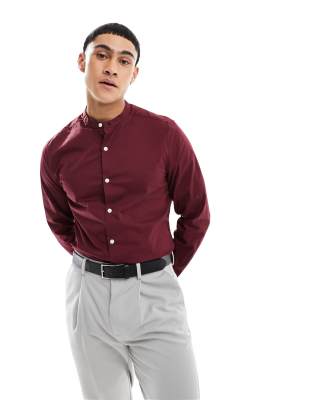 Asos Design Regular Shirt With Grandad Collar In Maroon-red