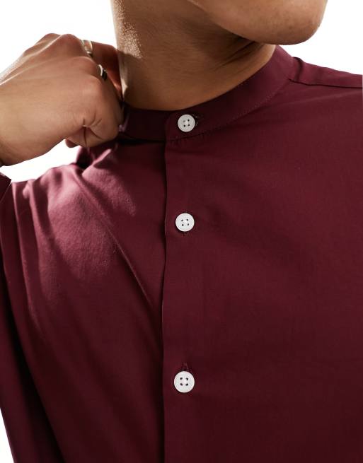ASOS DESIGN regular shirt with grandad collar in maroon | ASOS