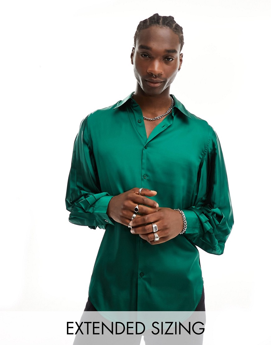 ASOS DESIGN regular shirt with pleated volume sleeve in satin in green