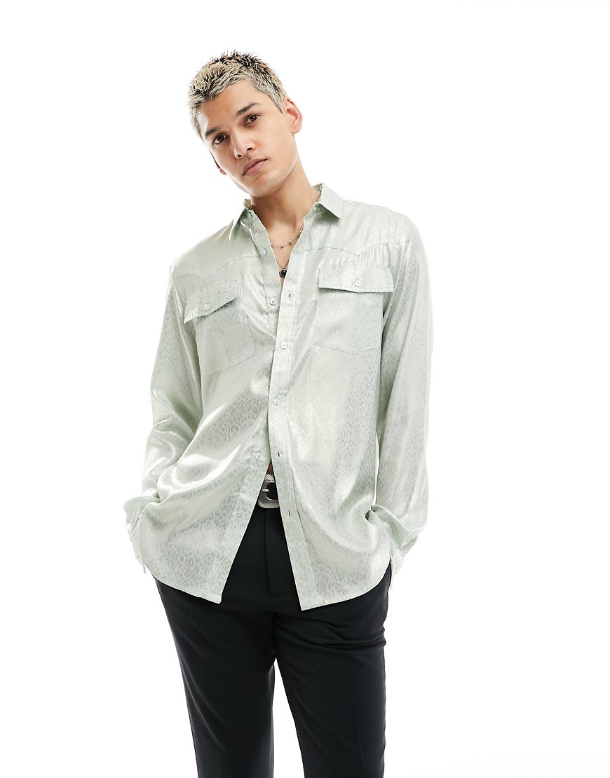 ASOS DESIGN regular shirt with western detail in leopard jacquard in mint-Green
