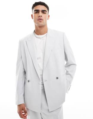 Asos Design Regular Slouchy Double Breasted Suit Jacket In Gray Texture