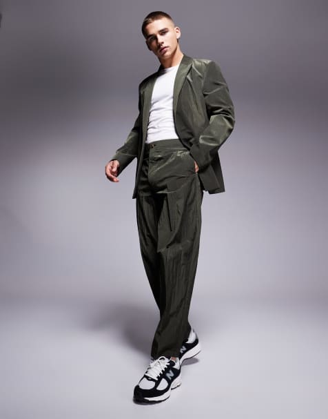 ASOS DESIGN regular slouchy nylon suit in khaki - view 1