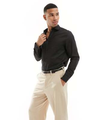 Asos Design Regular Smart Linen Mix Shirt With Cut Away Collar In Black In Black