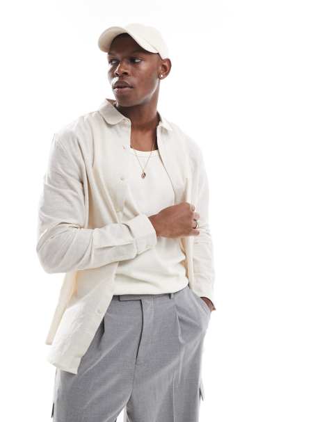 ASOS DESIGN regular smart linen mix shirt with penny collar in ecru - view 1