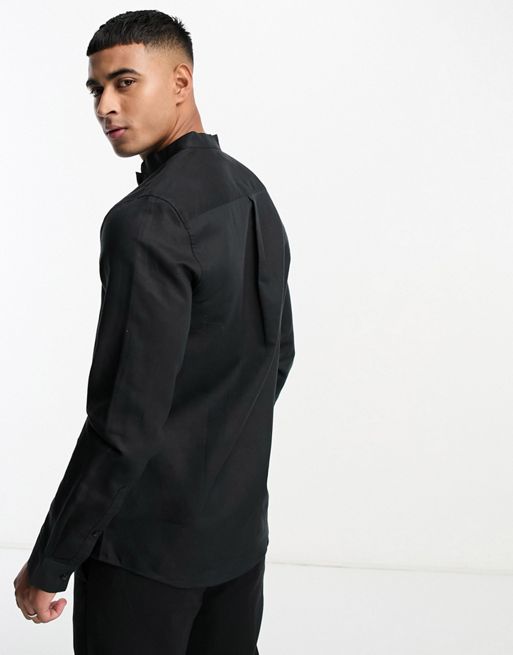 Men's black linen REGULAR Mandarin collar shirt