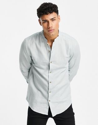 ASOS DESIGN regular smart linen shirt with mandarin collar in mint - ASOS Price Checker