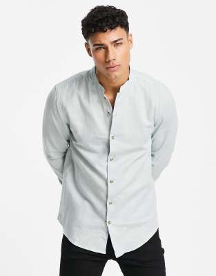 ASOS DESIGN regular smart linen shirt with mandarin collar in mint - ASOS Price Checker