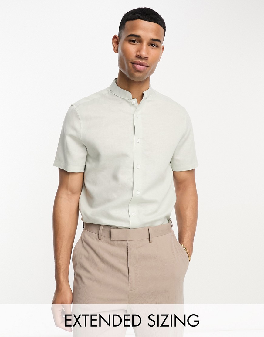 ASOS DESIGN regular smart linen shirt with mandarin collar in mint-Green